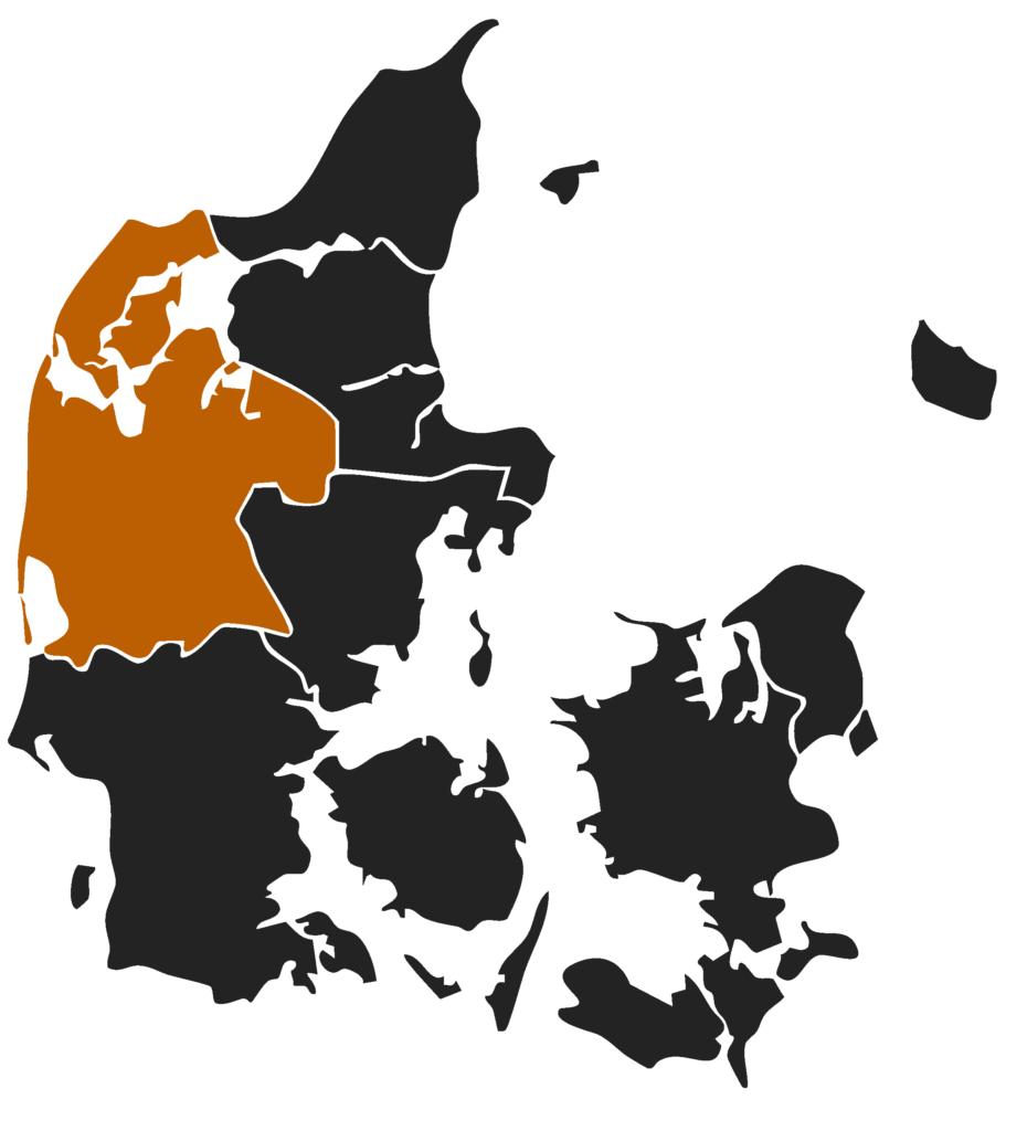 Kort over Midt- og Vestjylland med markeringer, der viser vores kunders placering – solidt håndværk leveret over hele regionen.